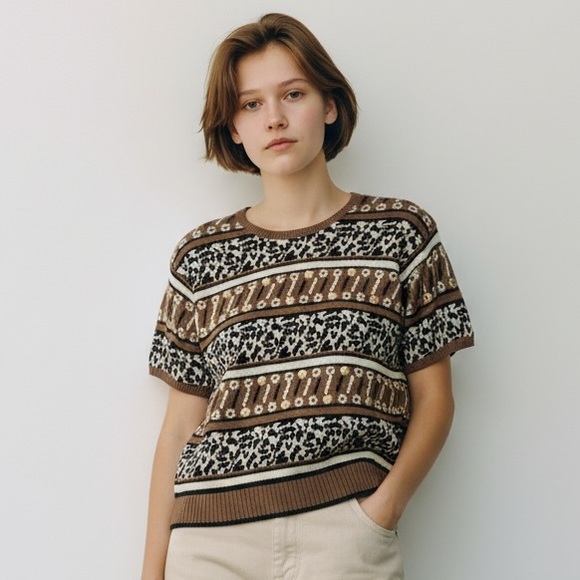 Vintage Sweaters - Vintage The Villager Signature Ramie Cotton Animal Print Knit Sweater Size M
